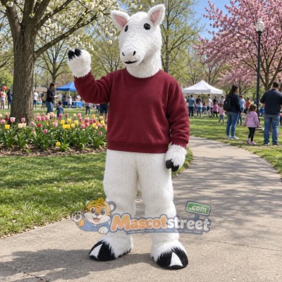 White Horse Mascot Costume with Burgundy Sweatshirt