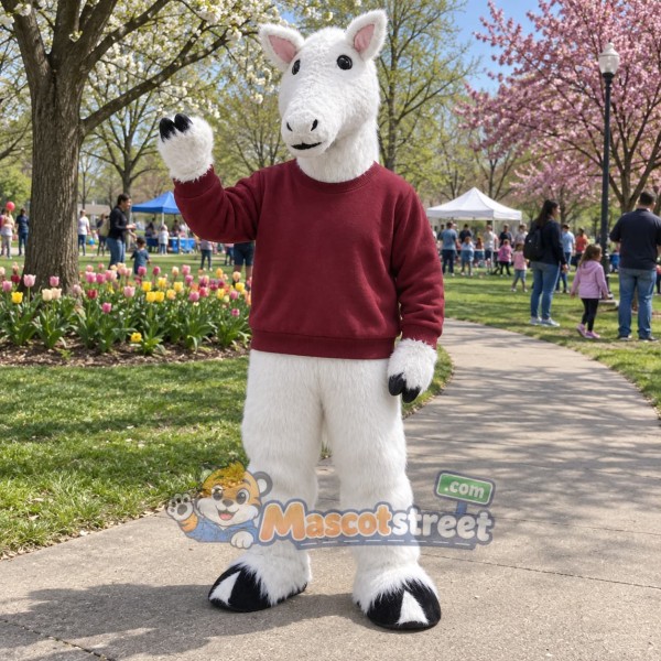 White Horse Mascot Costume with Burgundy Sweatshirt
