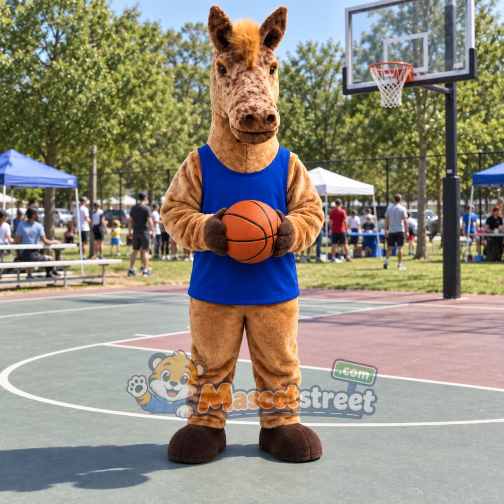 Brown Horse Mascot Costume with Basketball Uniform