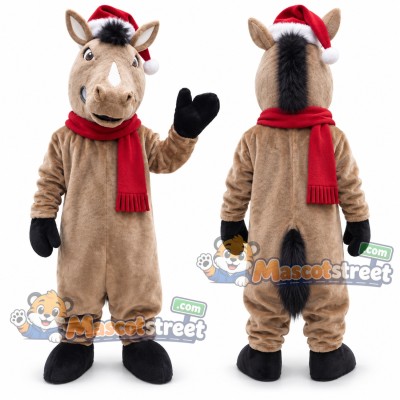 Brown Horse Mascot Costume with Santa Hat and Red Scarf Brown Horse Mascot Costume with Santa Hat and Red Scarf