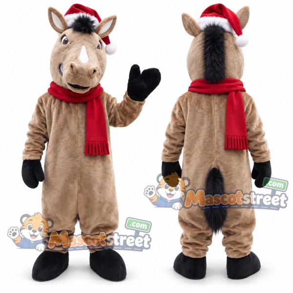 Brown Horse Mascot Costume with Santa Hat and Red Scarf