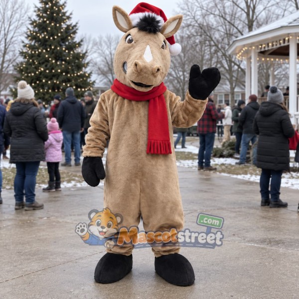Brown Horse Mascot Costume with Santa Hat and Red Scarf