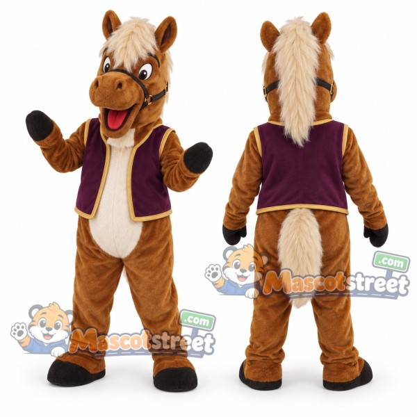 Brown Horse Mascot Costume with Purple Vest