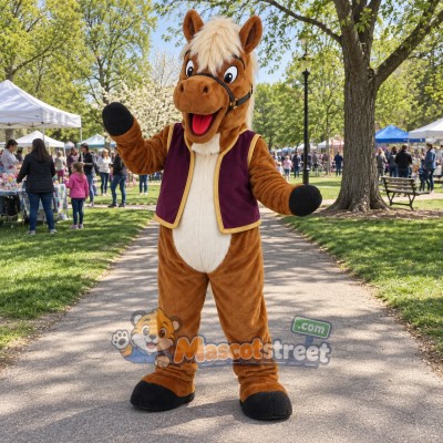 Brown Horse Mascot Costume with Purple Vest