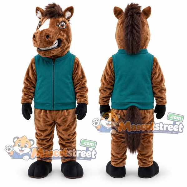 Brown Horse Mascot Costume with Teal Jacket