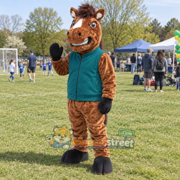 Brown Horse Mascot Costume with Teal Jacket