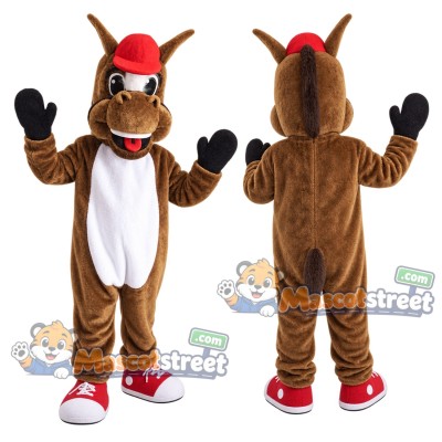 Brown Horse Mascot Costume with Red Cap