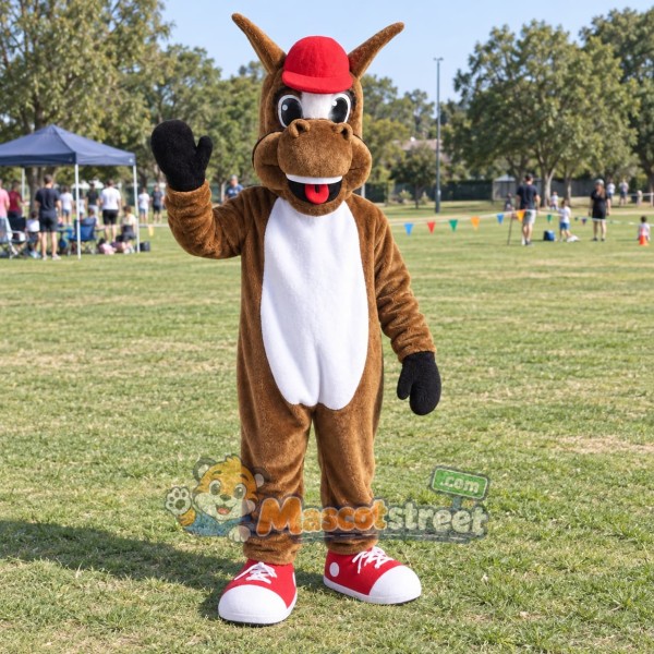 Brown Horse Mascot Costume with Red Cap