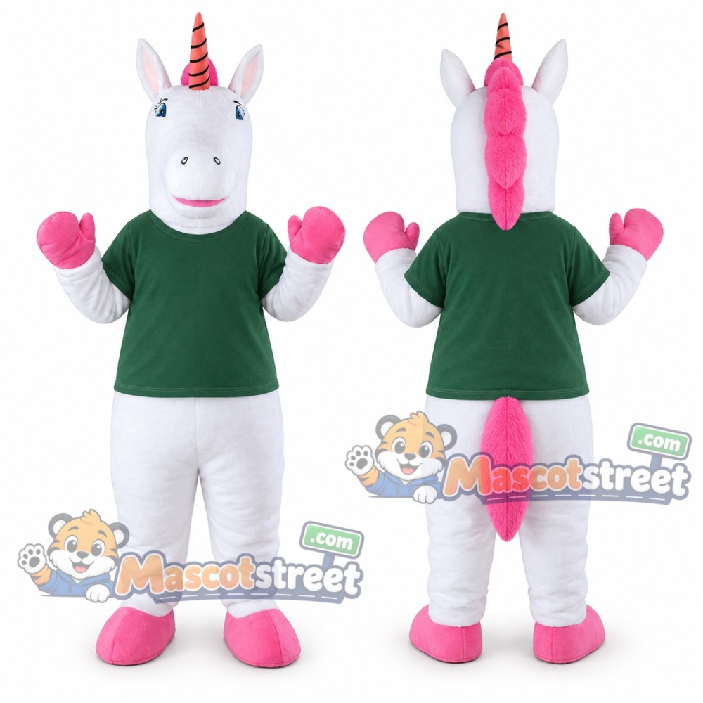 White Unicorn Mascot Costume with Green Shirt