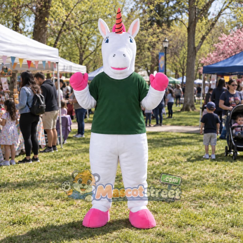 White Unicorn Mascot Costume with Green Shirt