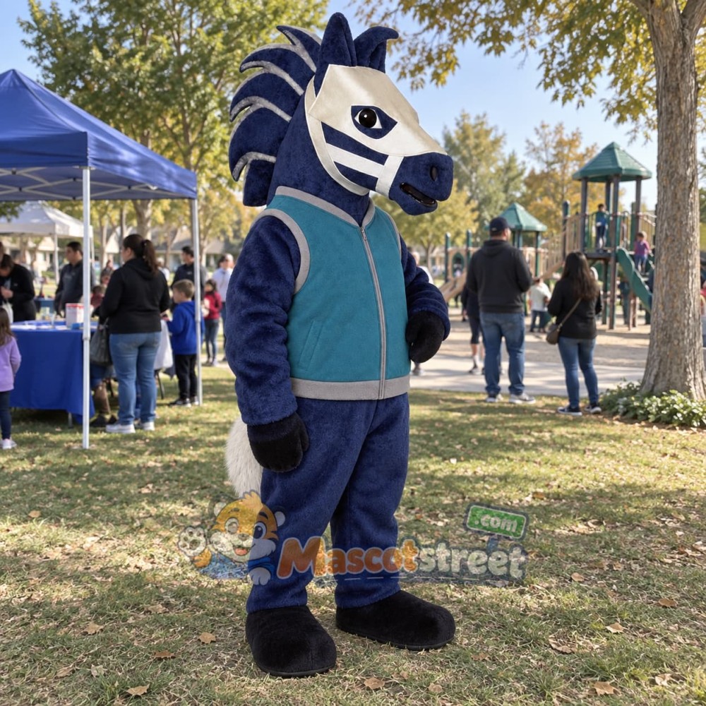 Navy Horse Mascot Costume with Teal Jacket
