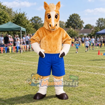 Golden Horse Mascot Costume with Blue Shorts