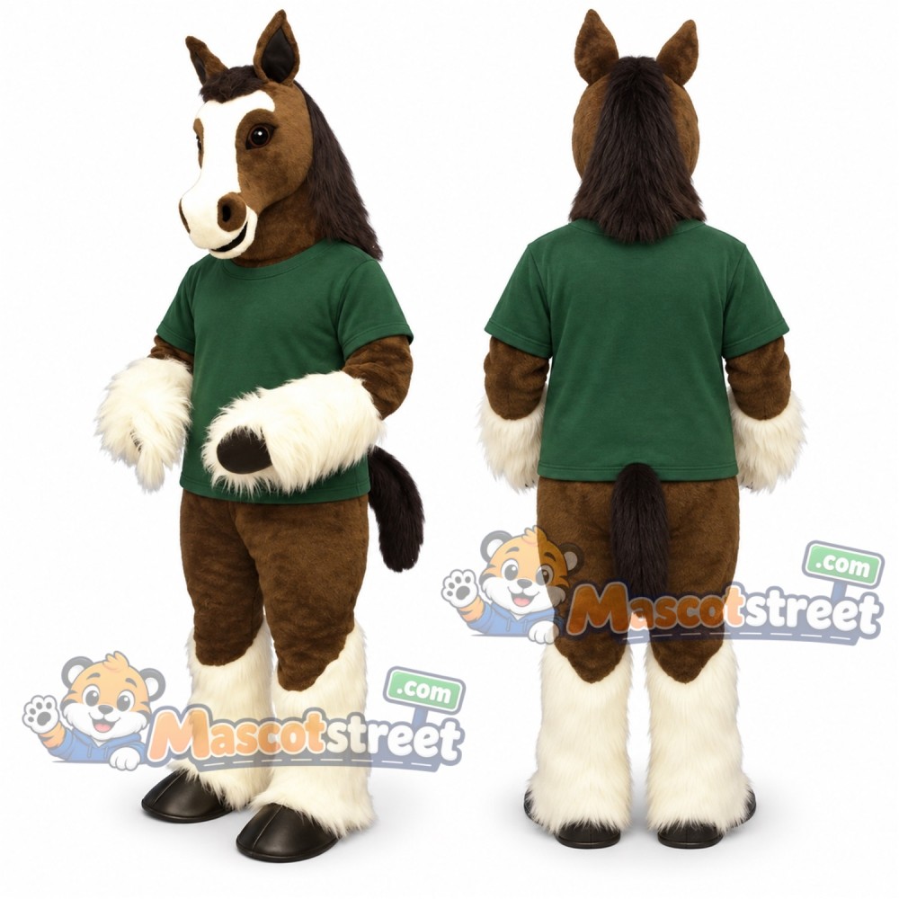 Brown Horse Mascot Costume with Green Shirt