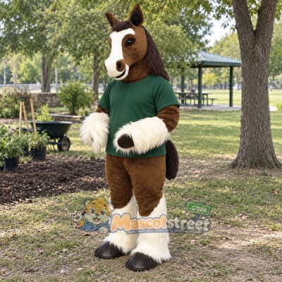 Brown Horse Mascot Costume with Green Shirt
