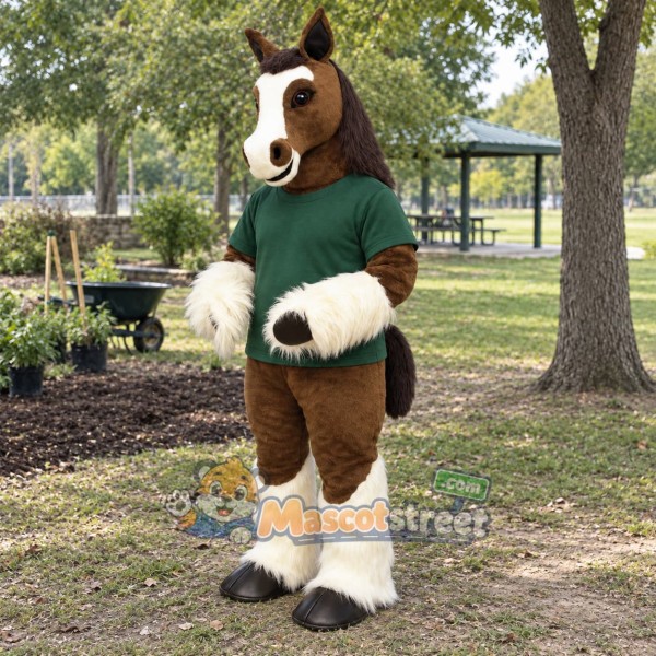 Brown Horse Mascot Costume with Green Shirt