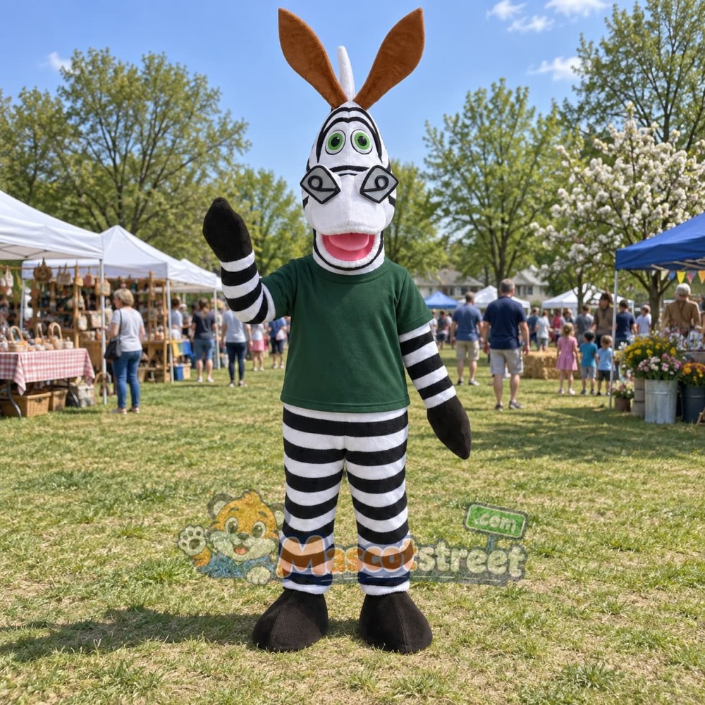 Zebra Mascot Costume with Green Shirt Zebra Mascot Costume with Green Shirt