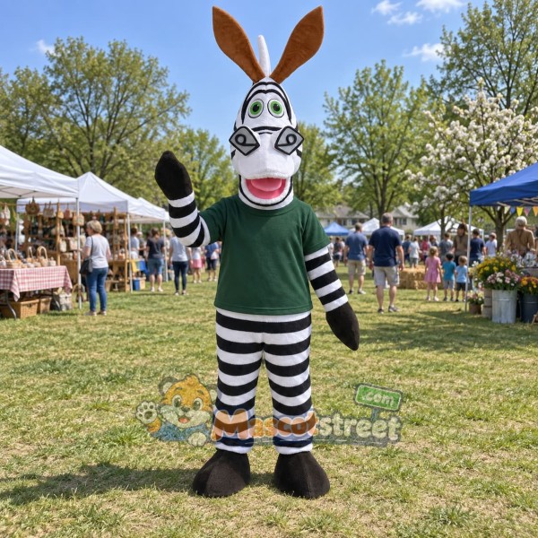 Zebra Mascot Costume with Green Shirt
