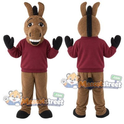 Brown Donkey Mascot Costume with Burgundy Sweatshirt