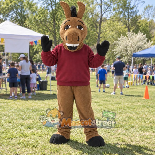 Brown Donkey Mascot Costume with Burgundy Sweatshirt