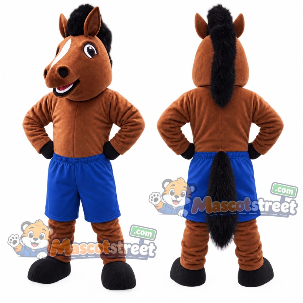 Brown Horse Mascot Costume with Blue Shorts