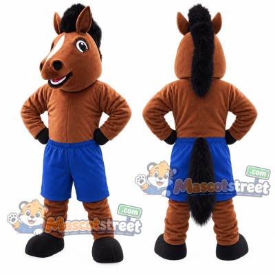 Brown Horse Mascot Costume with Blue Shorts