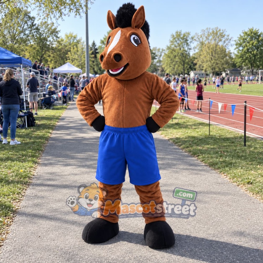 Brown Horse Mascot Costume with Blue Shorts