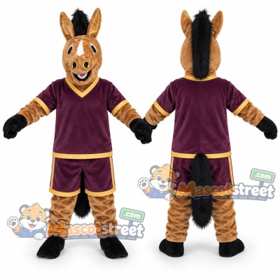 Golden Horse Mascot Costume with Purple Sports Uniform Golden Horse Mascot Costume with Purple Sports Uniform