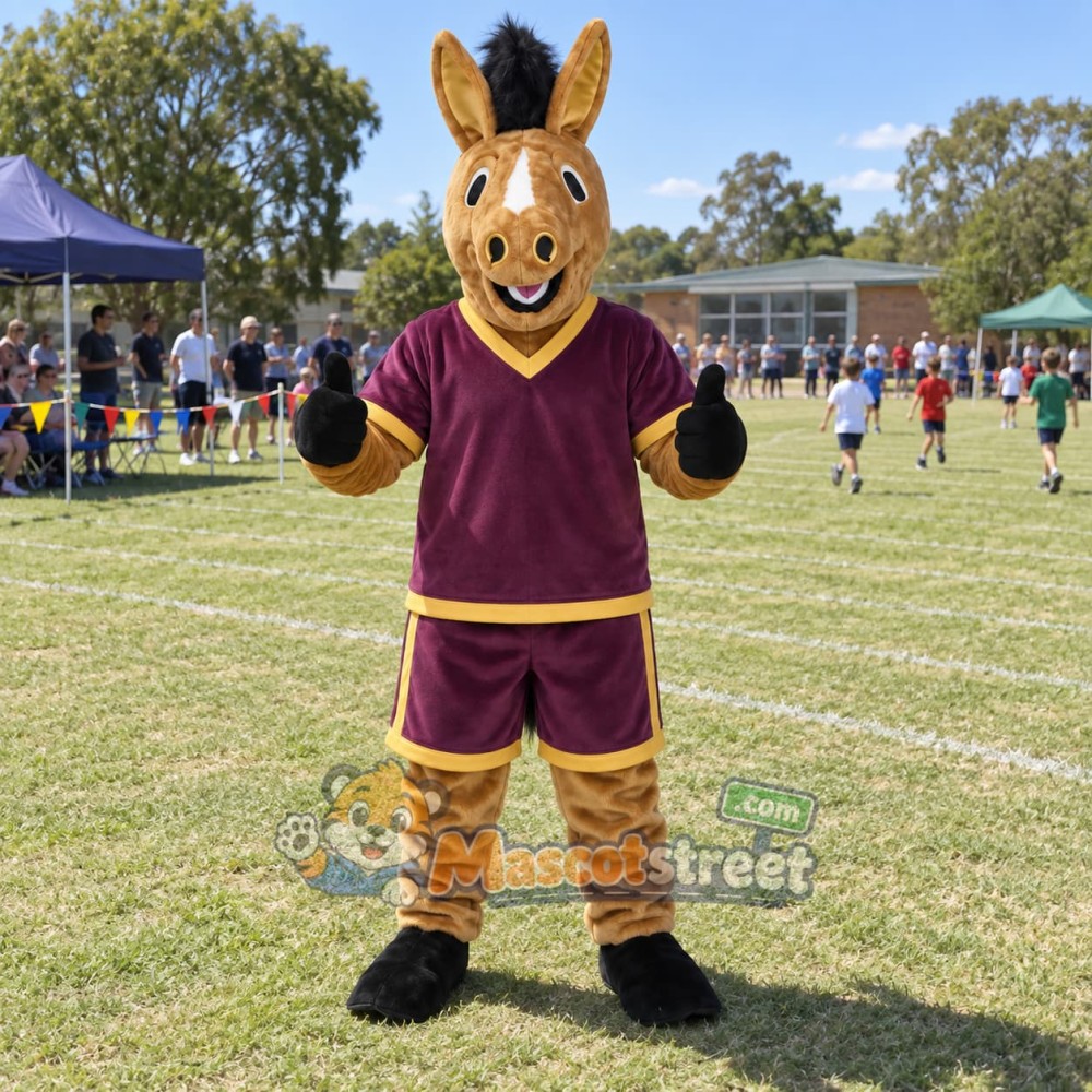 Golden Horse Mascot Costume with Purple Sports Uniform Golden Horse Mascot Costume with Purple Sports Uniform