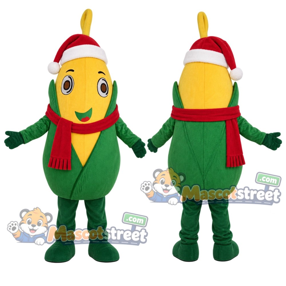 Corn Mascot Costume with Santa Hat and Red Scarf