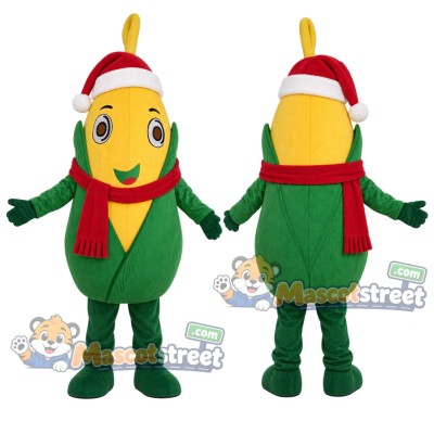 Corn Mascot Costume with Santa Hat and Red Scarf
