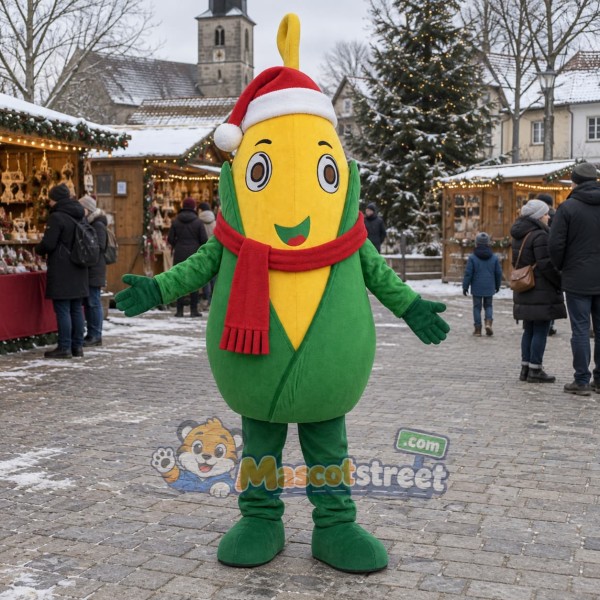 Corn Mascot Costume with Santa Hat and Red Scarf