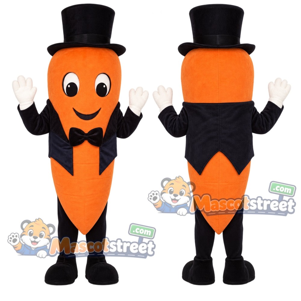 Carrot Mascot Costume with Black Top Hat and Bow Tie Carrot Mascot Costume with Black Top Hat and Bow Tie