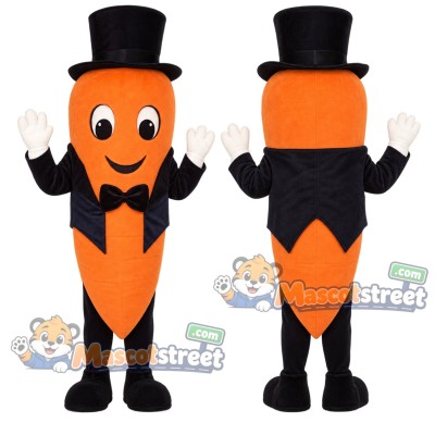 Carrot Mascot Costume with Black Top Hat and Bow Tie Carrot Mascot Costume with Black Top Hat and Bow Tie