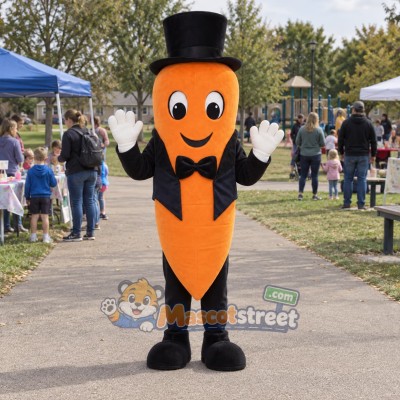 Carrot Mascot Costume with Black Top Hat and Bow Tie Carrot Mascot Costume with Black Top Hat and Bow Tie