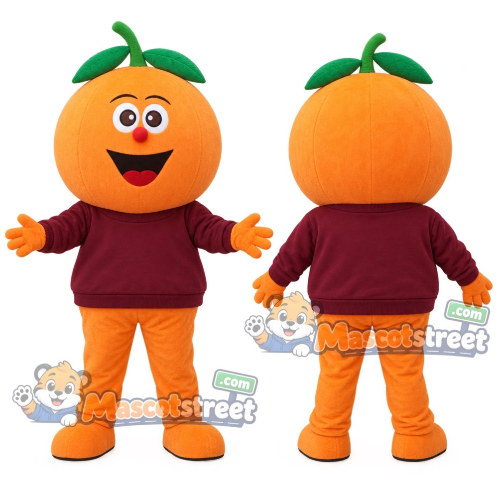 Orange Fruit Mascot Costume with Burgundy Sweatshirt Orange Fruit Mascot Costume with Burgundy Sweatshirt