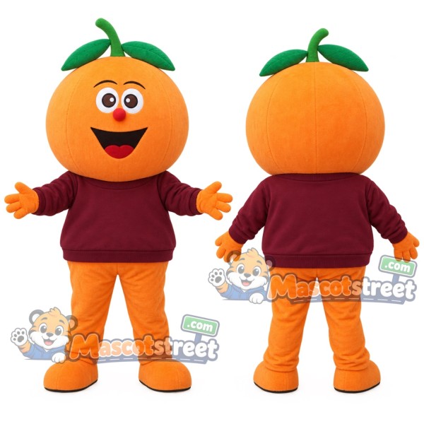 Orange Fruit Mascot Costume with Burgundy Sweatshirt