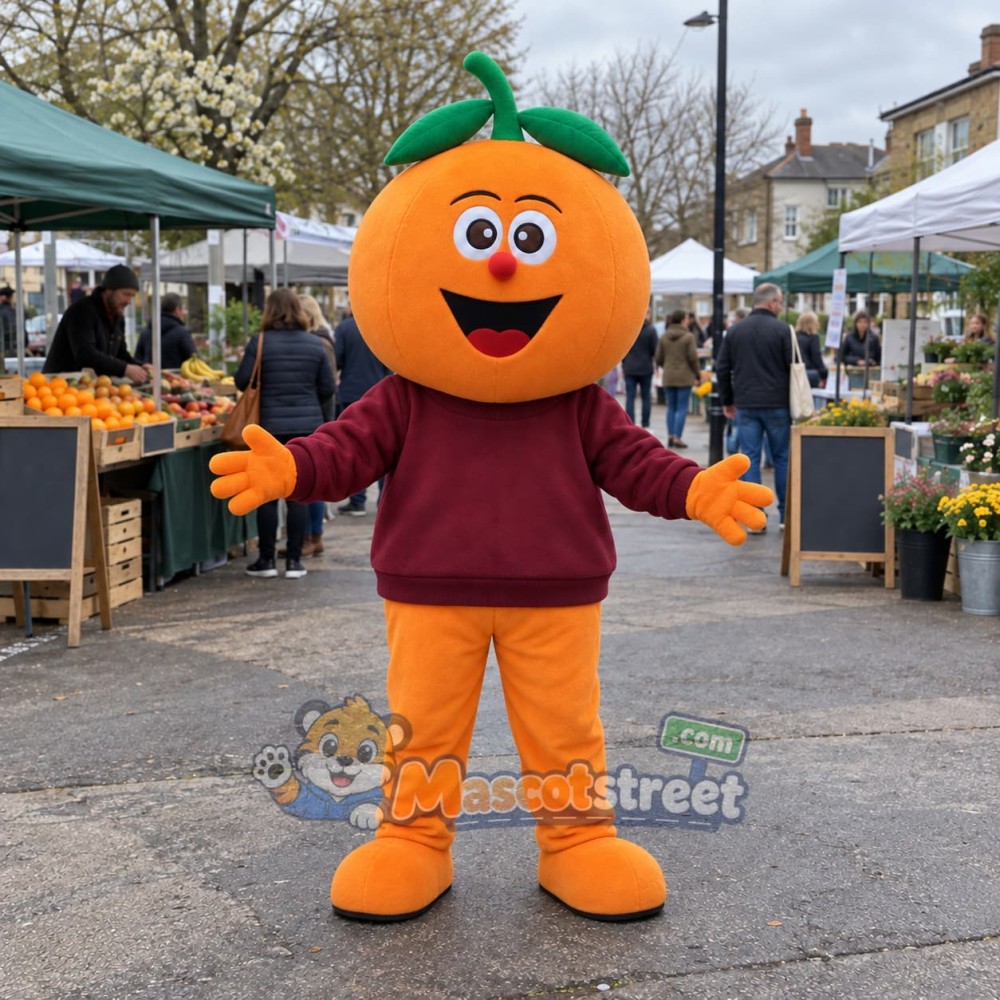 Orange Fruit Mascot Costume with Burgundy Sweatshirt Orange Fruit Mascot Costume with Burgundy Sweatshirt