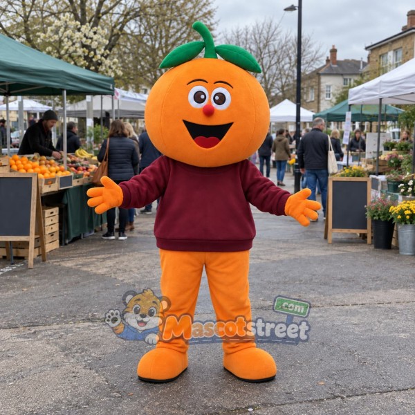 Orange Fruit Mascot Costume with Burgundy Sweatshirt