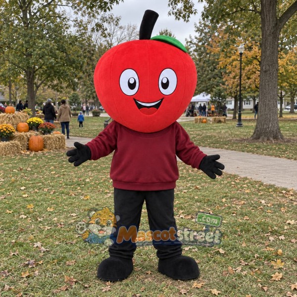 Red Apple Mascot Costume with Burgundy Sweatshirt