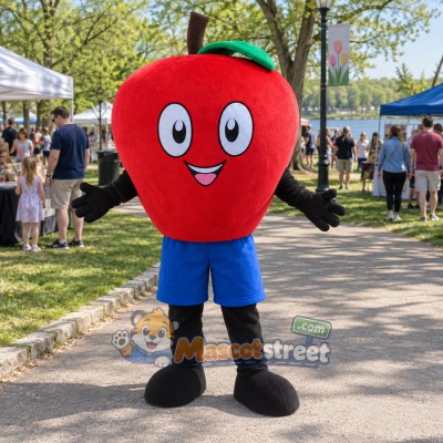 Red Apple Mascot Costume with Blue Shorts Red Apple Mascot Costume with Blue Shorts