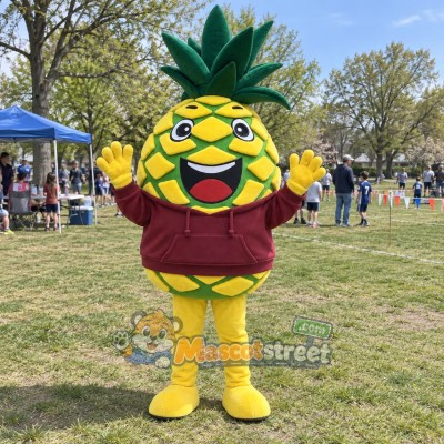 Pineapple Mascot Costume with Burgundy Sweatshirt Pineapple Mascot Costume with Burgundy Sweatshirt