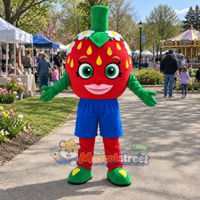 Strawberry Mascot Costume with Blue Shorts Strawberry Mascot Costume with Blue Shorts