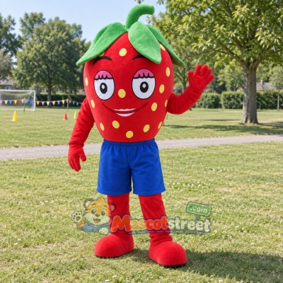 Strawberry Mascot Costume with Blue Shorts Strawberry Mascot Costume with Blue Shorts