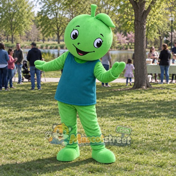 Green Apple Mascot Costume with Teal Shirt