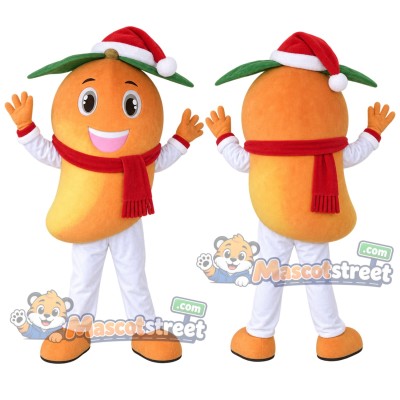 Mango Mascot Costume with Santa Hat and Red Scarf Mango Mascot Costume with Santa Hat and Red Scarf