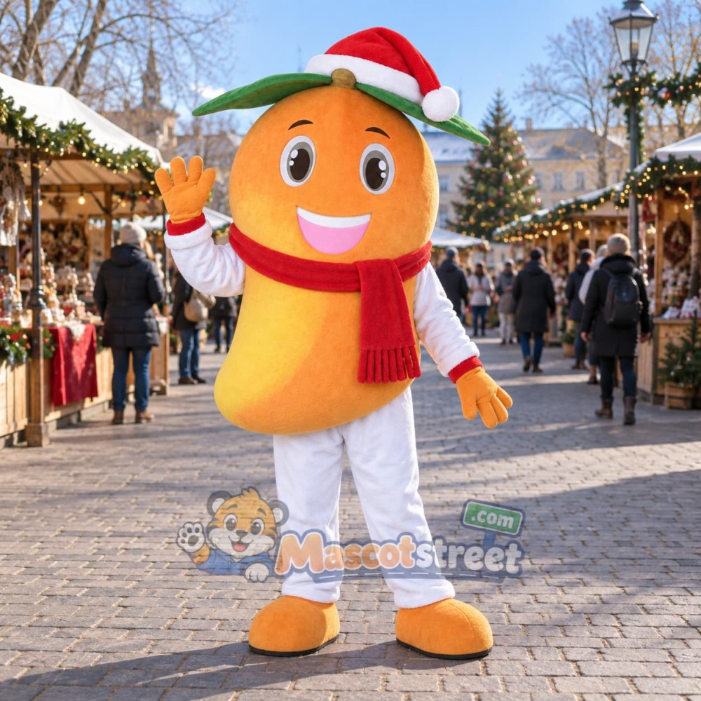 Mango Mascot Costume with Santa Hat and Red Scarf Mango Mascot Costume with Santa Hat and Red Scarf