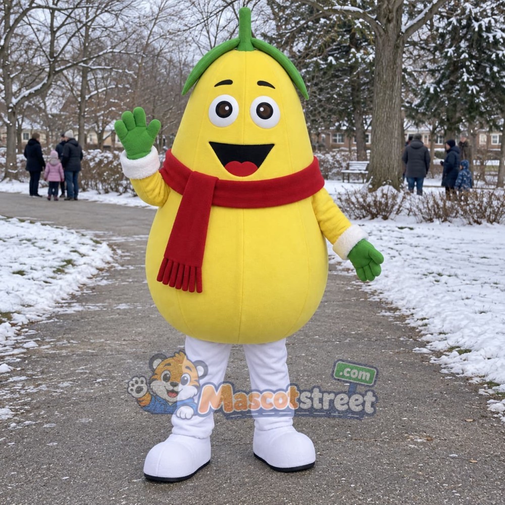 Yellow Pear Mascot Costume with Red Scarf