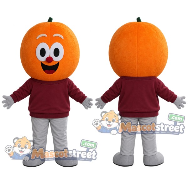 Orange Fruit Mascot Costume with Burgundy Sweatshirt