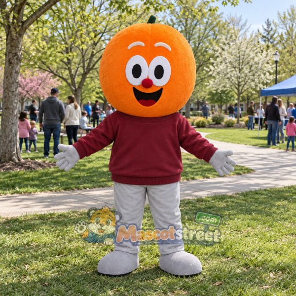 Orange Fruit Mascot Costume with Burgundy Sweatshirt