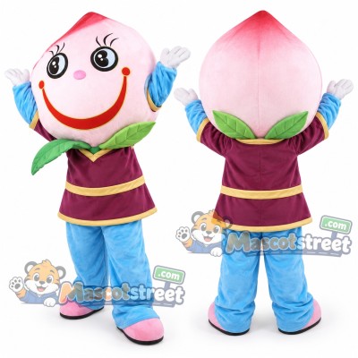 Pink Peach Mascot Costume with Purple Tunic Pink Peach Mascot Costume with Purple Tunic